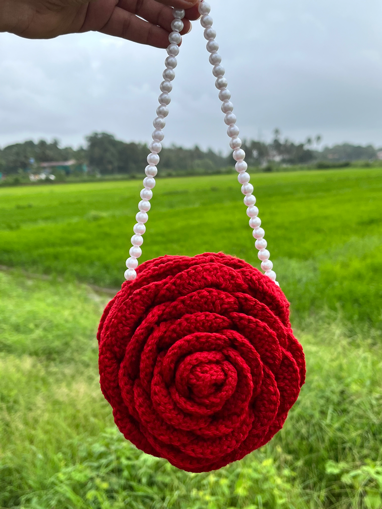 Laal Gulab Pearl Sling - Handmade Crochet Rose Bag