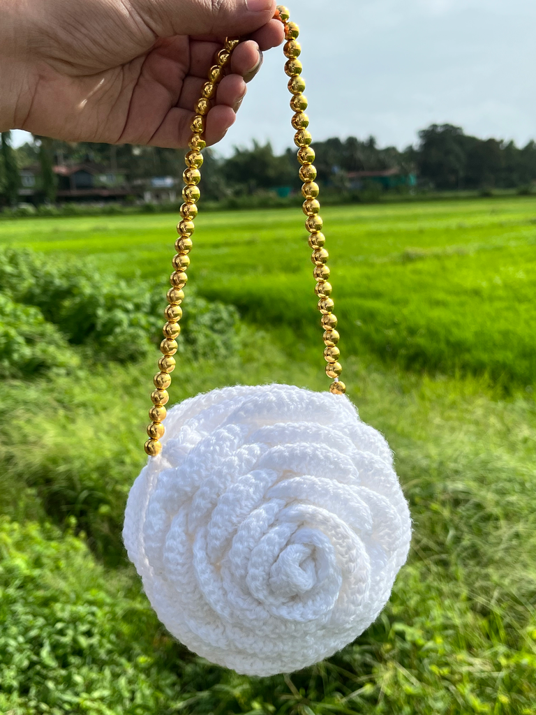 Safed Gulab Pearl Sling - Handmade Crochet Rose Bag